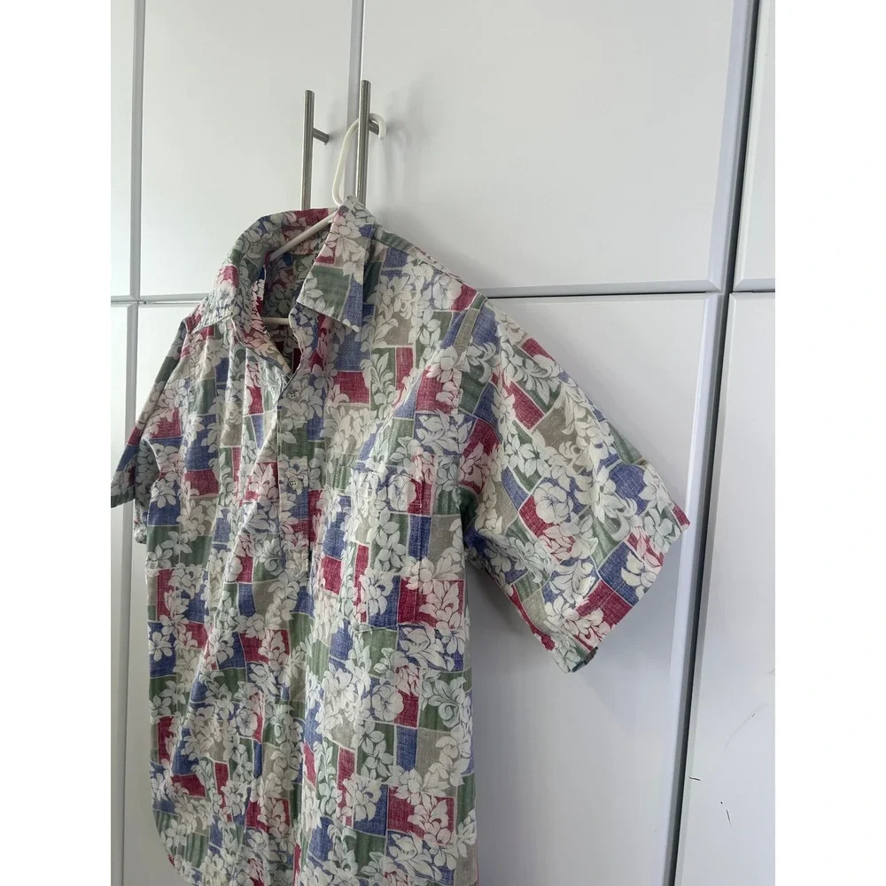 Go Barefoot Mens Hawaiian Shirt Large Floral‎ Patchwork Cotton Made in USA